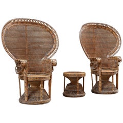 Hollywood Regency Vintage Wicker Peacock Armchairs and Stool, Italy, 1970s