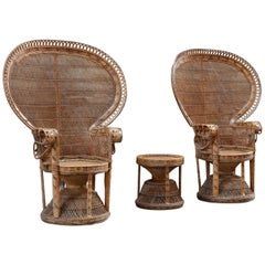 Hollywood Regency Retro Wicker Peacock Armchairs and Stool, Italy, 1970s