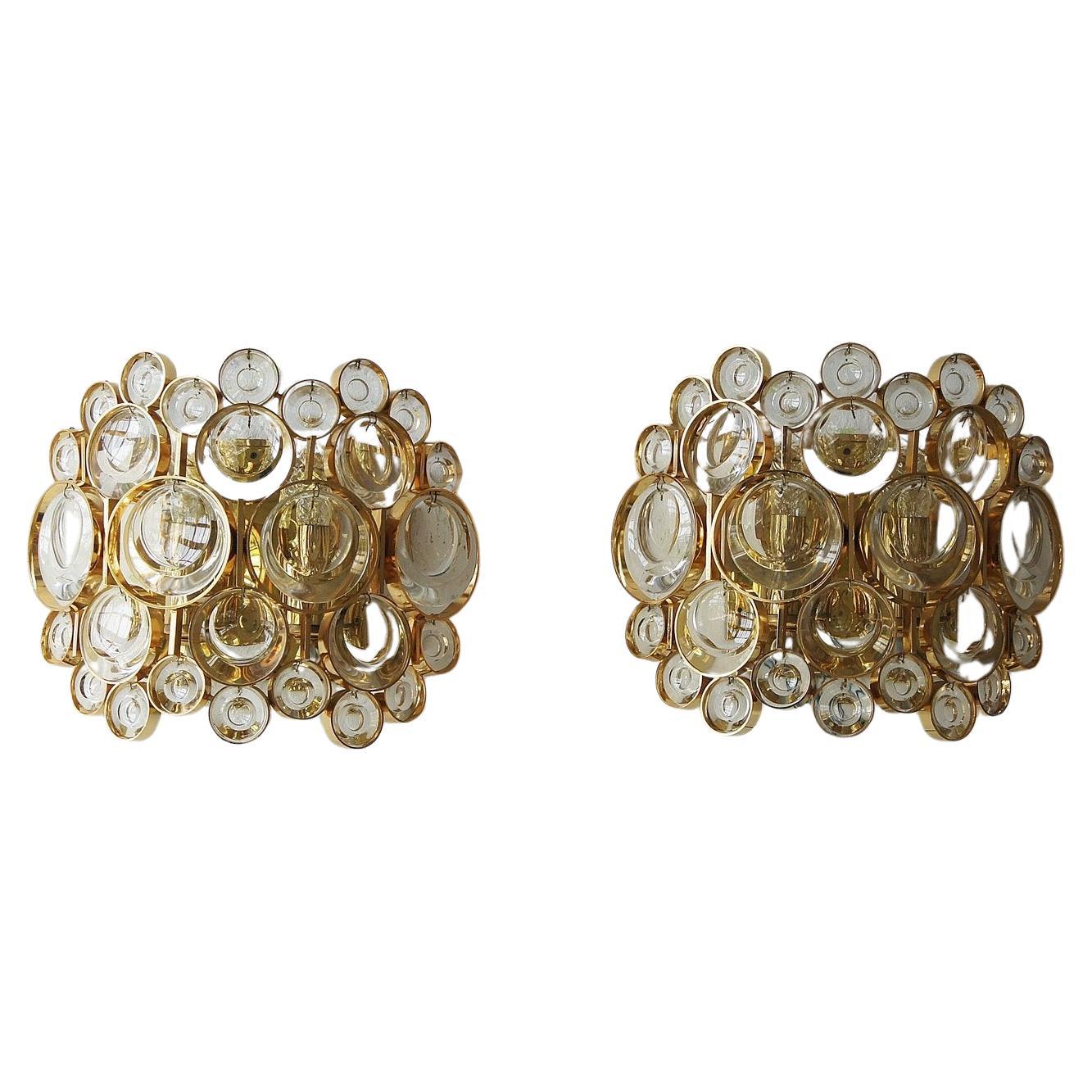 Hollywood Regency Wall Lamps in Brass and Crystal Glass from Palwa, Set of 2