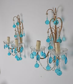 Apliques de pared Hollywood Regency, gotas de cristal azul, Francia, años 40