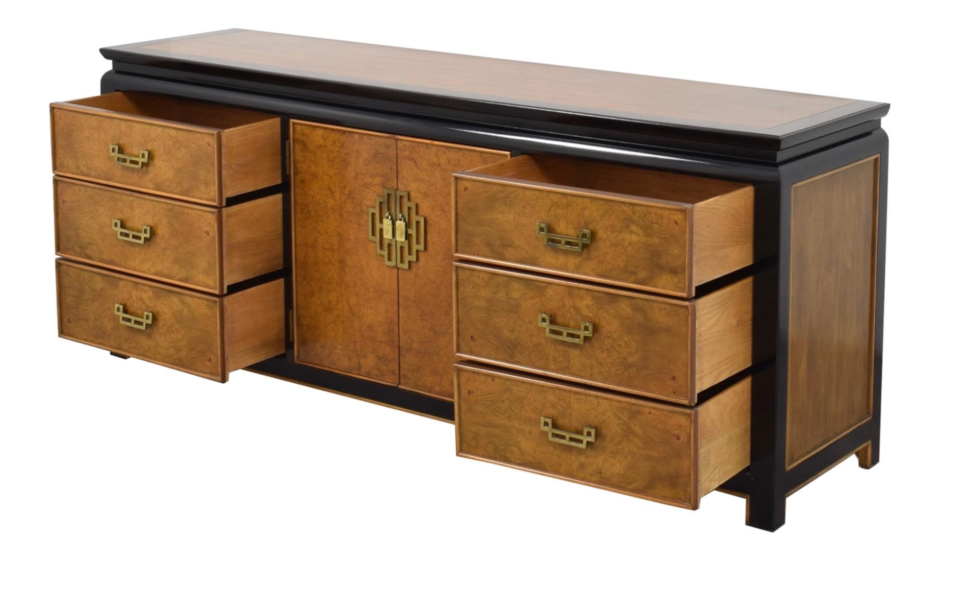 Hollywood Regency burl wood dresser by Ray Sabota for Century Furniture, for the iconic 