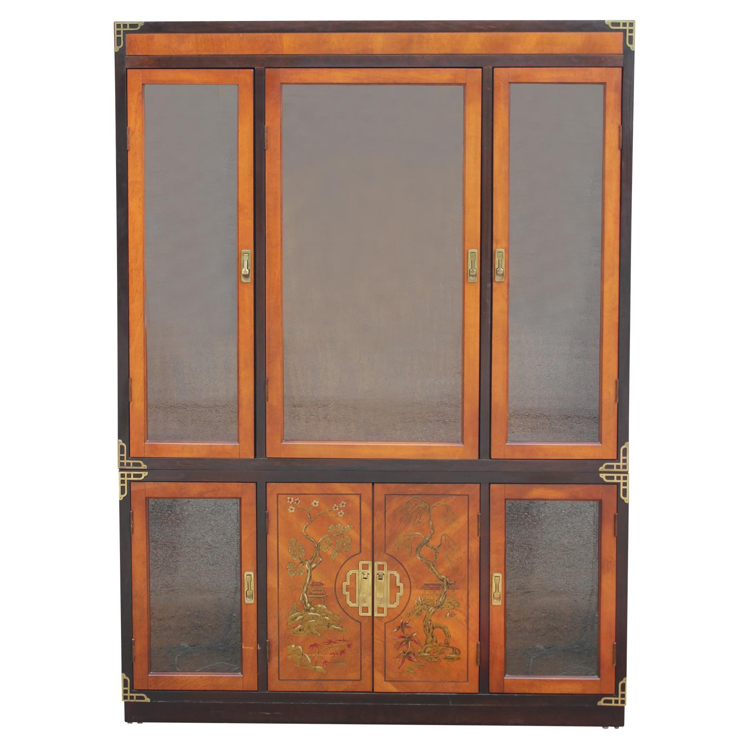 Gorgeous Hollywood regency style two tone cabinet or buffet with hand painted Chinoiserie motifs. 