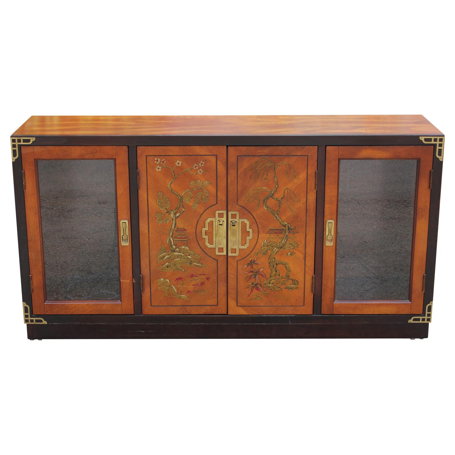 Mid-20th Century Hollywood Regency Walnut Two-Tone Cabinet with Painted Chinoiserie Motifs