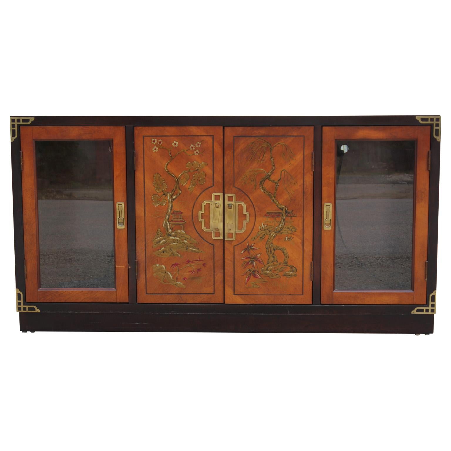 Brass Hollywood Regency Walnut Two-Tone Cabinet with Painted Chinoiserie Motifs