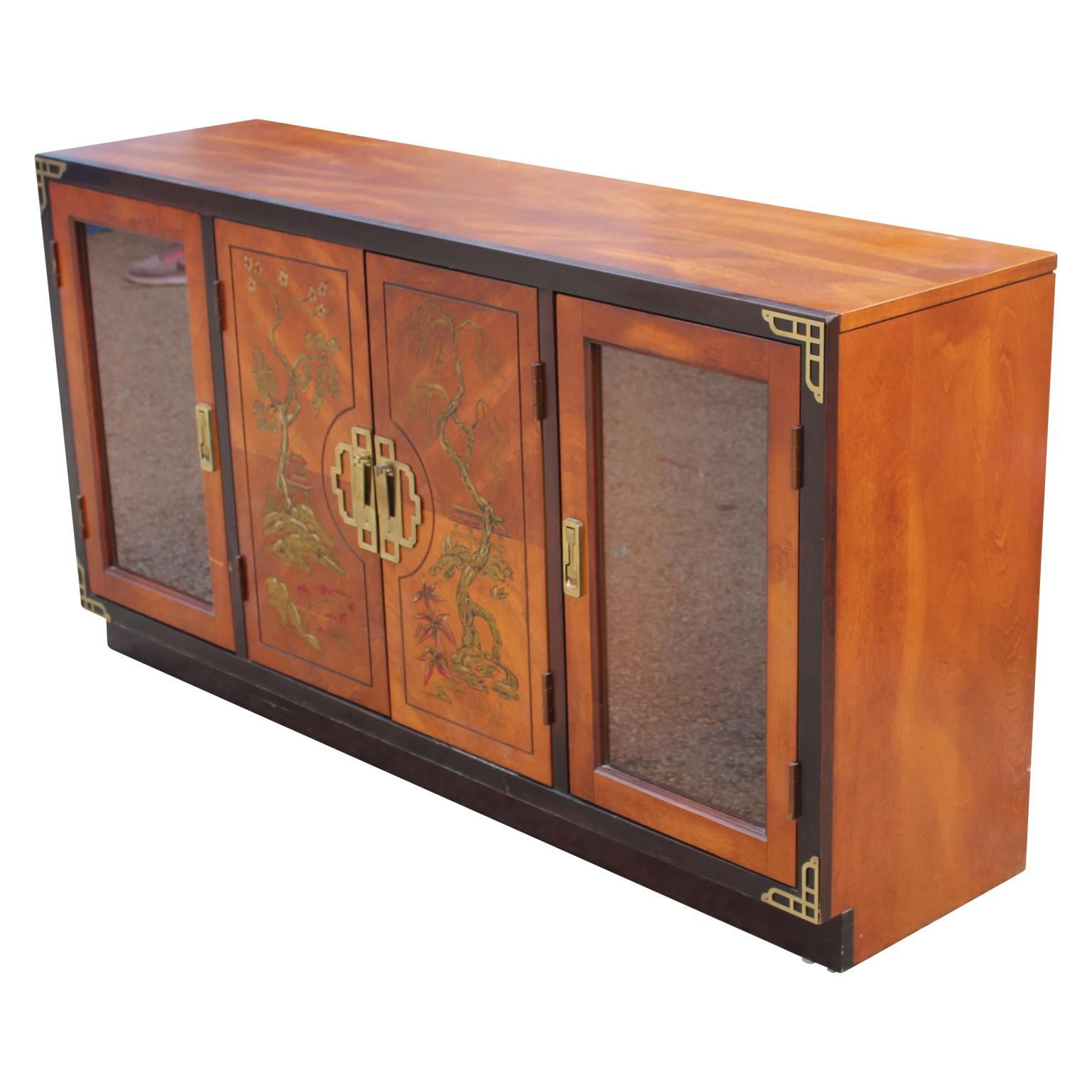 Hollywood Regency Walnut Two-Tone Cabinet with Painted Chinoiserie Motifs 1