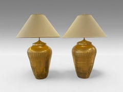 Hollywood Regency, Water Gilt, Fabric, Monumental Table Lamps, USA, 1970s