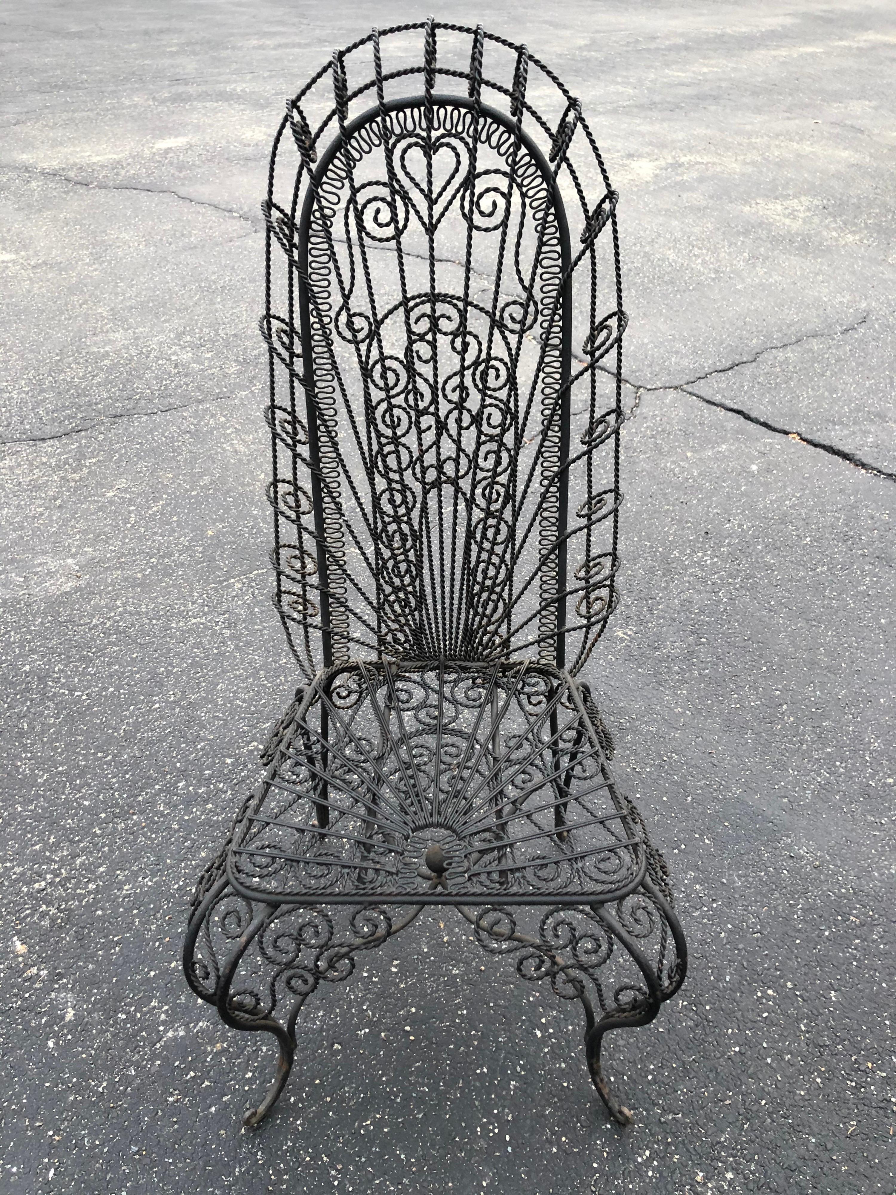 Vintage Hollywood Regency High Back Iron Peacock Chair 1