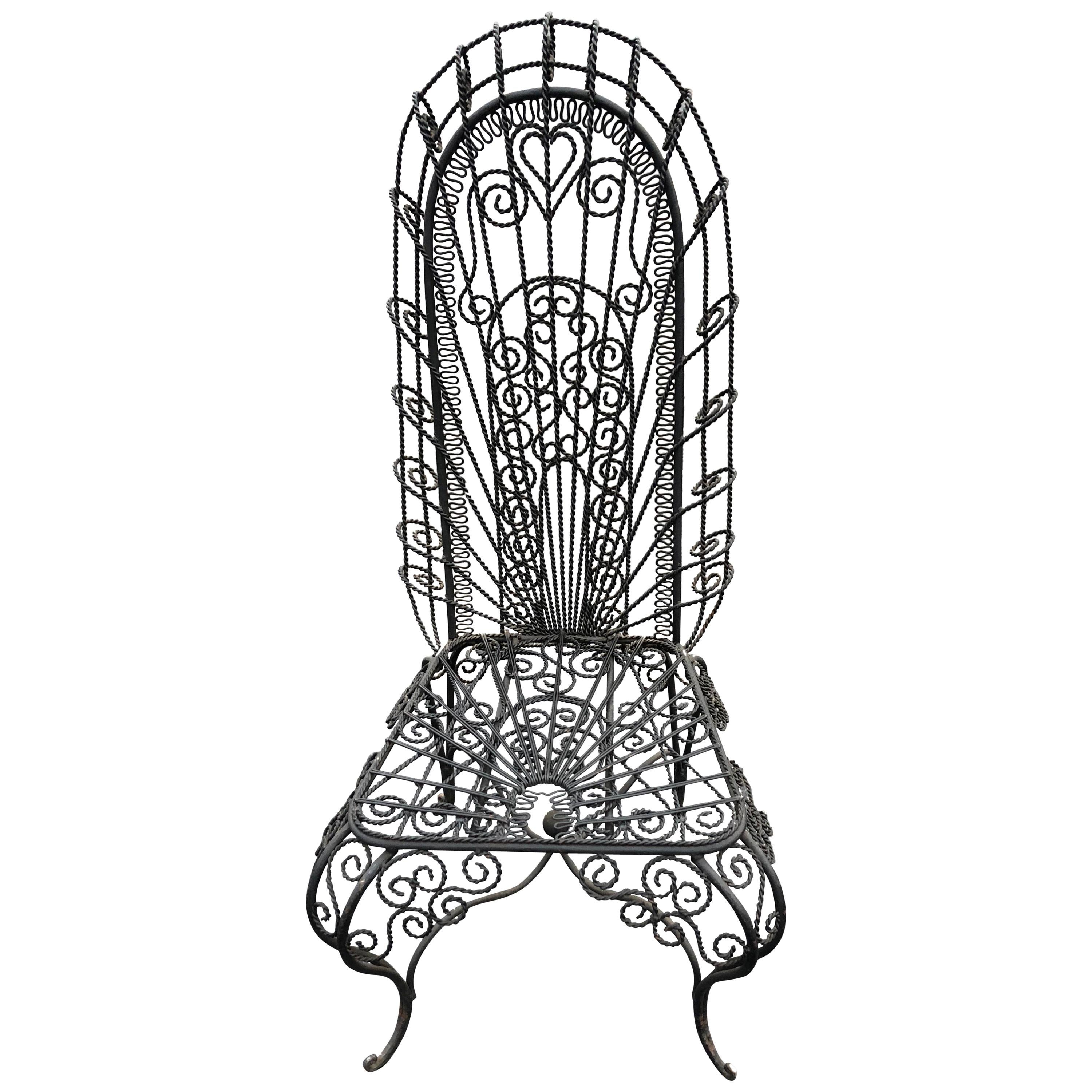 Vintage Hollywood Regency High Back Iron Peacock Chair
