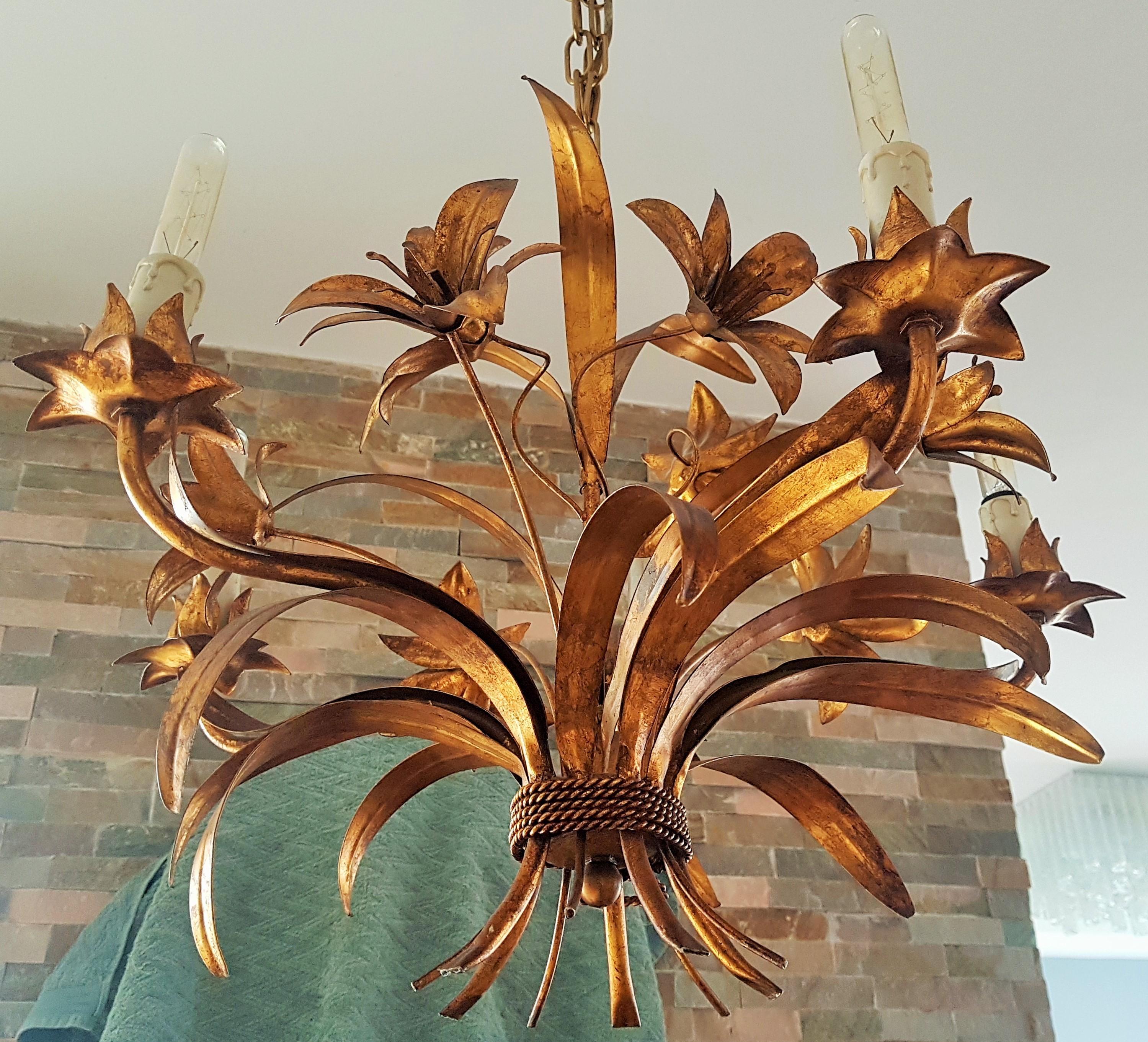 Hollywood Regency Wheat Sheaf Gold Gilt Mid-Century Chandelier, Italy, 1940s 5