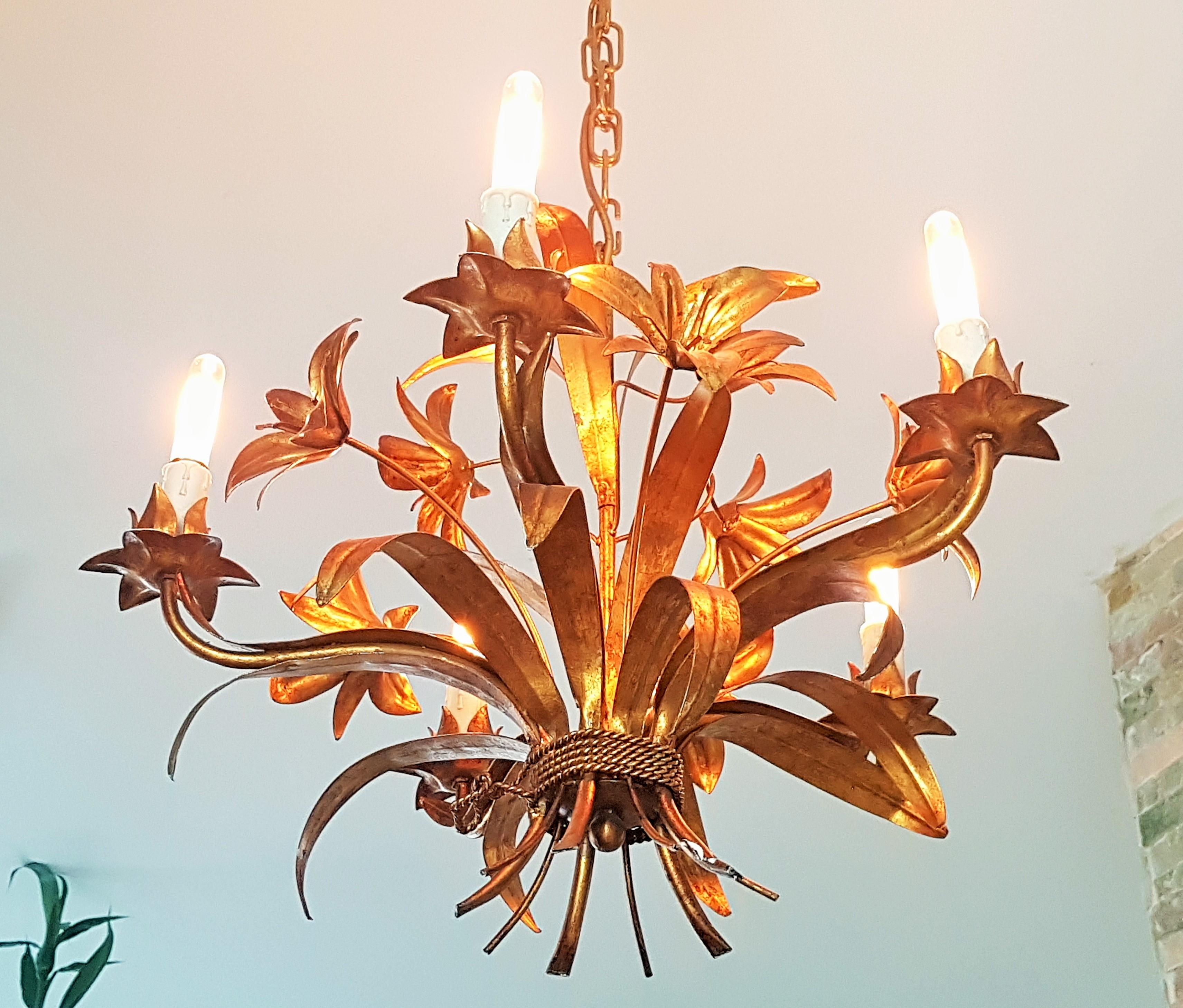 Hollywood Regency Wheat Sheaf Gold Gilt Mid-Century Chandelier, Italy, 1940s 7