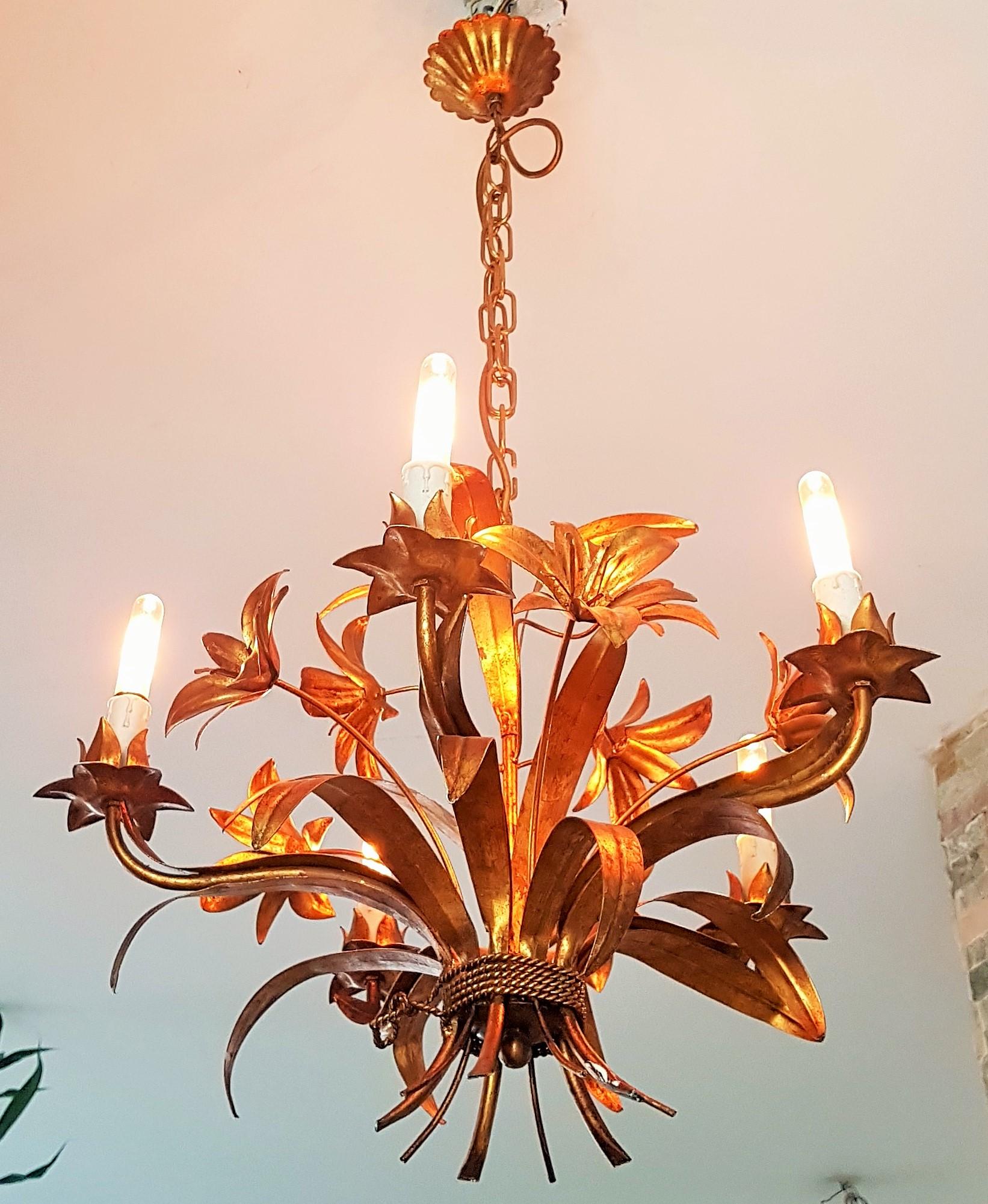 Hollywood Regency Wheat Sheaf Gold Gilt Mid-Century Chandelier, Italy, 1940s 8