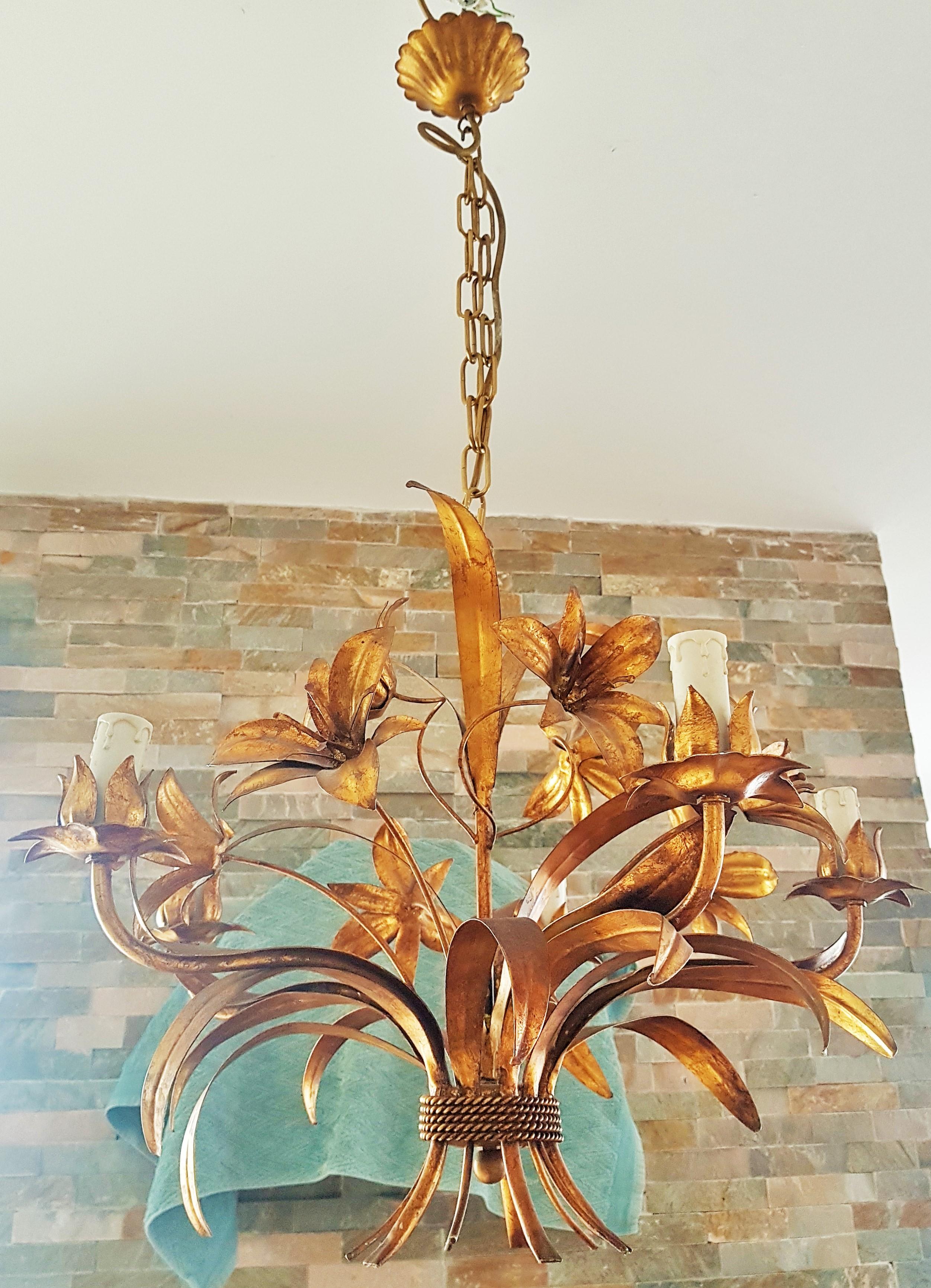 Hollywood Regency Wheat Sheaf Gold Gilt Mid-Century Chandelier, Italy, 1940s 11