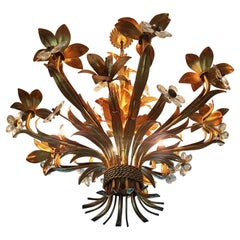 Hollywood Regency Wheat Sheaf Gold Gilt Midcentury Chandelier, Italy, 1940s