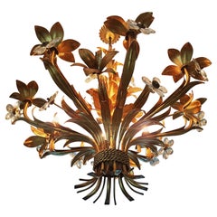 Hollywood Regency Wheat Sheaf Gold Gilt Midcentury Chandelier, Italy, 1940s