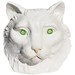 Vintage Hollywood Regency White and Green Italian Ceramic Glazed Cat Head Planter