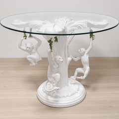 Hollywood Regency White Carved Wood Center Table W/ 3 Italian Terracotta Monkeys