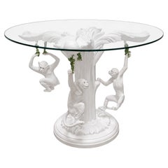 Hollywood Regency White Carved Wood Center Table W/ 3 Italian Terracotta Monkeys