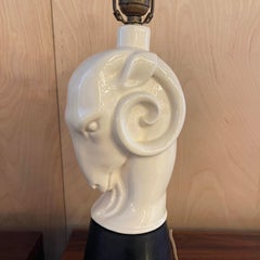 Hollywood Regency White Ceramic Ram's Head Table Lamp