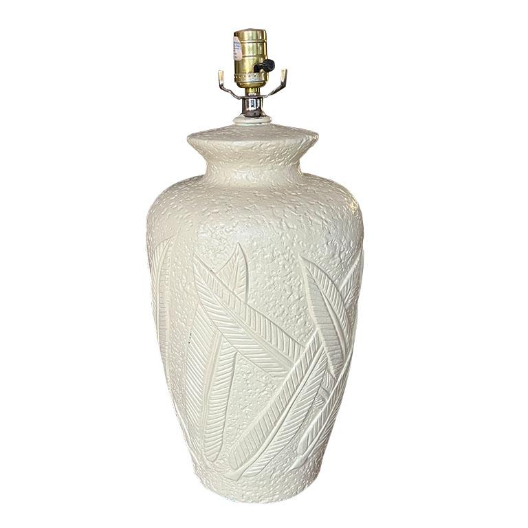 American Hollywood Regency White Ceramic Table Lamp with Palm Tree Leaf Relief Design For Sale