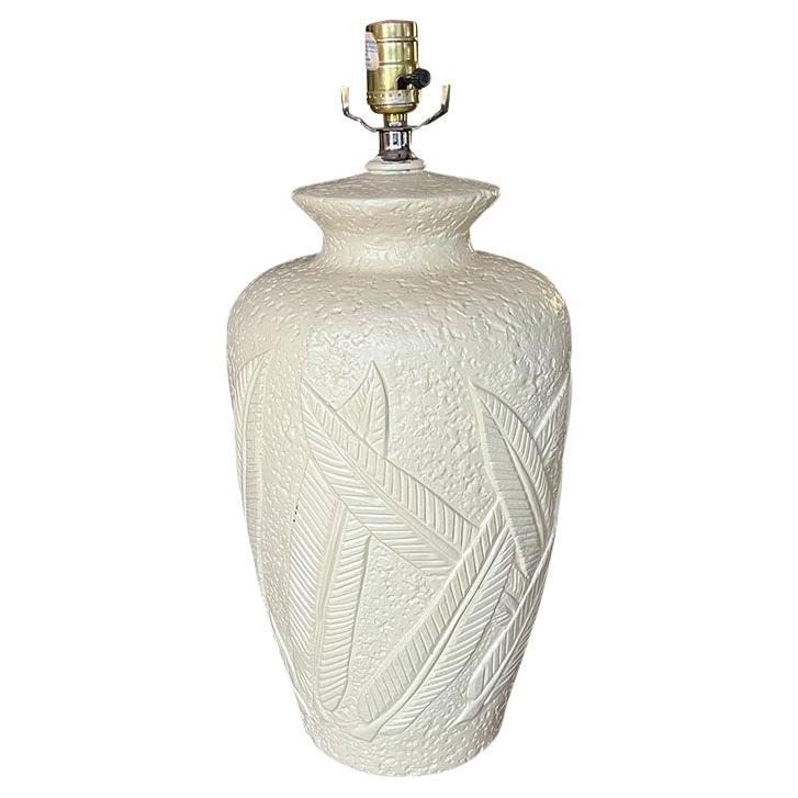 Hollywood Regency White Ceramic Table Lamp with Palm Tree Leaf Relief Design