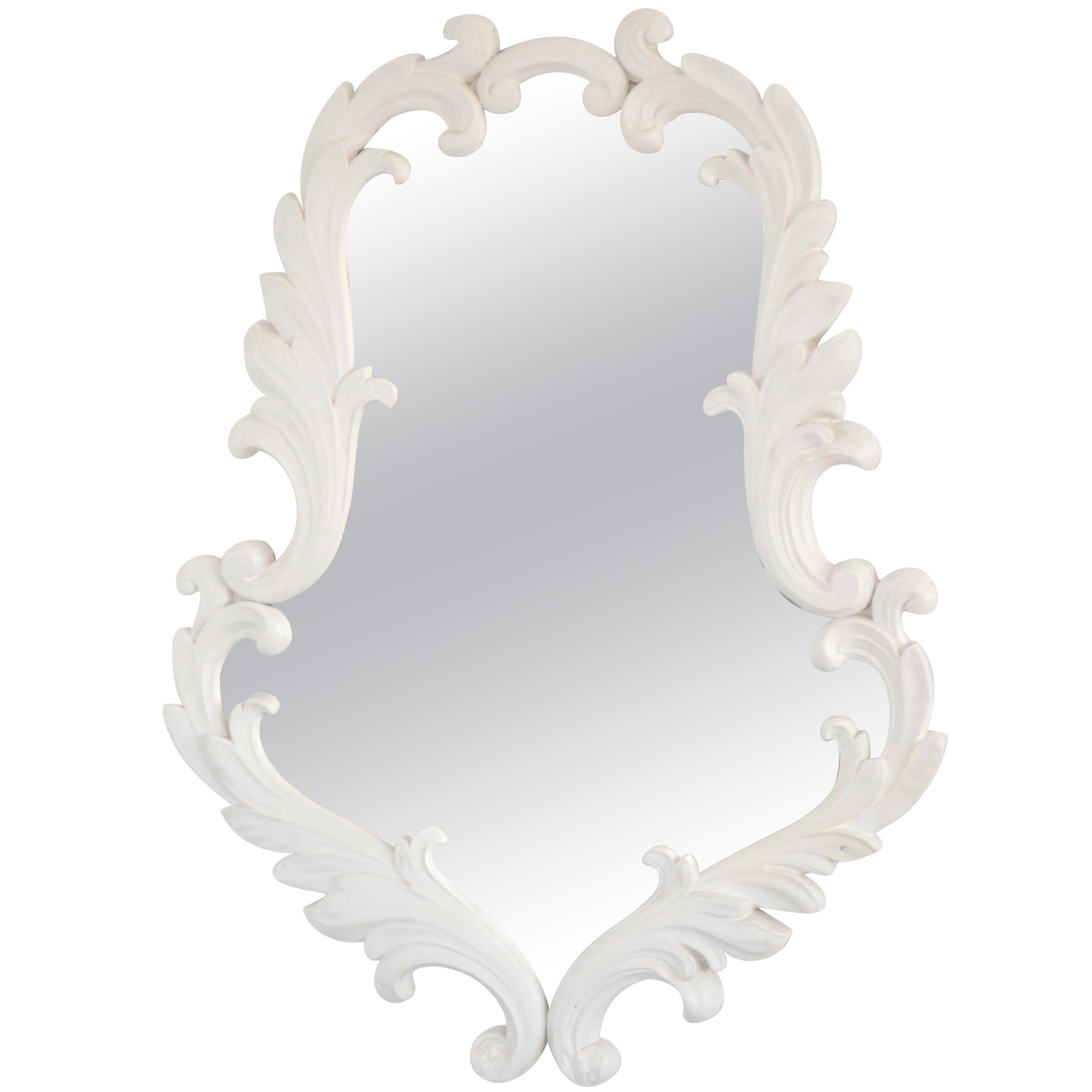 Hollywood Regency White Gessoed Carved Oak Wall Mirror For Sale