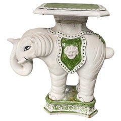 Hollywood Regency White & Green Colored Elephant Garden Plant Stand or Seat