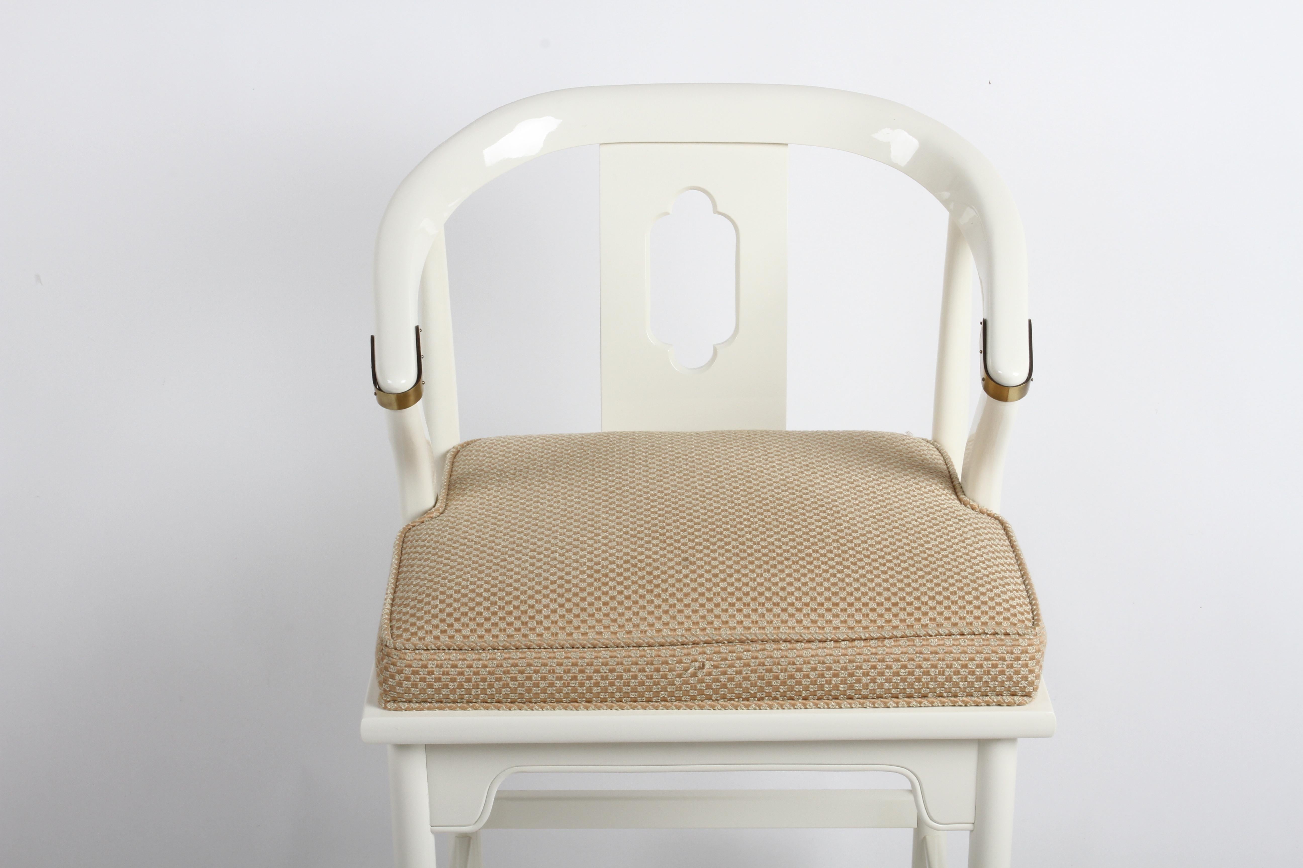 Late 20th Century Hollywood Regency White Lacquer & Brass Asian Modern Set of 4 Ming Bar Stools 