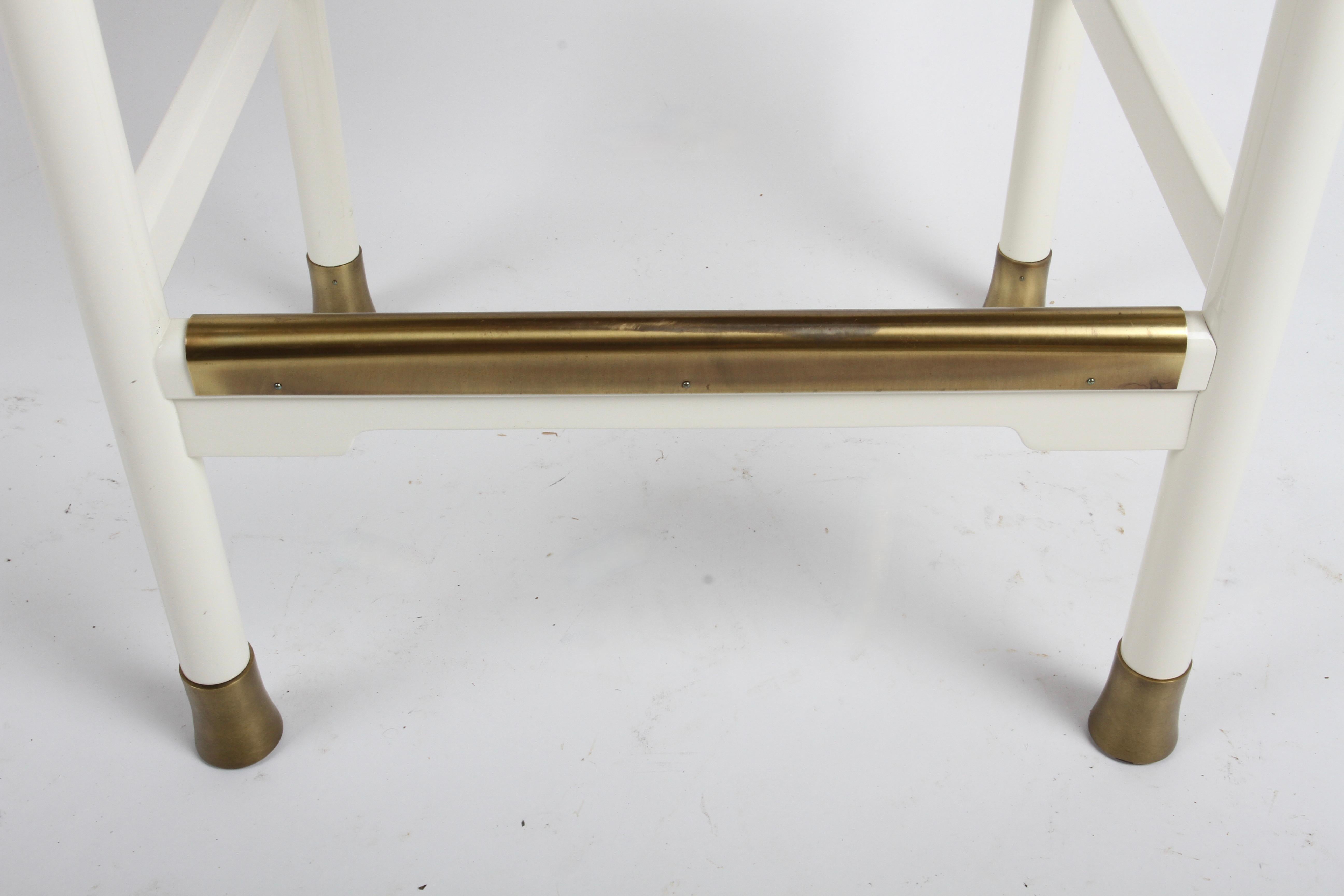 Hollywood Regency White Lacquer & Brass Asian Modern Set of 4 Ming Bar Stools  1