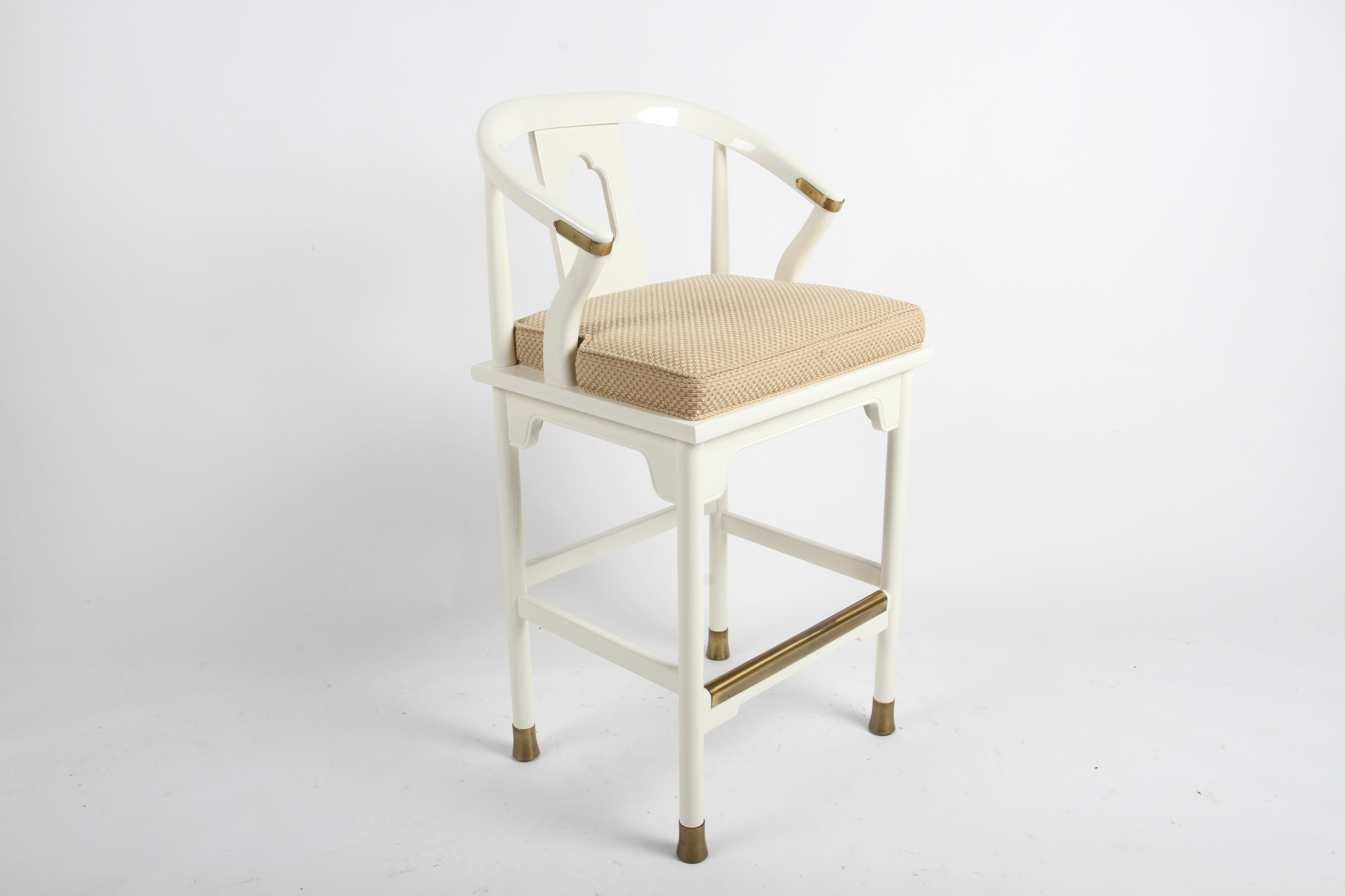 Hollywood Regency White Lacquer & Brass Asian Modern Set of 4 Ming Bar Stools 2