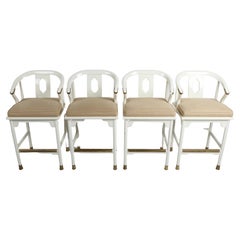 Vintage Hollywood Regency White Lacquer & Brass Asian Modern Set of 4 Ming Bar Stools 