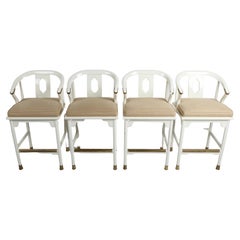 Ensemble de 4 tabourets de bar Ming de style Hollywood Regency en laque blanche et laiton, de style asiatique moderne 