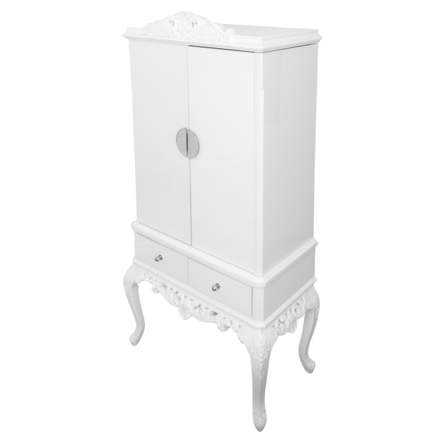 Hollywood Regency White Lacquer Cabinet on Stand For Sale