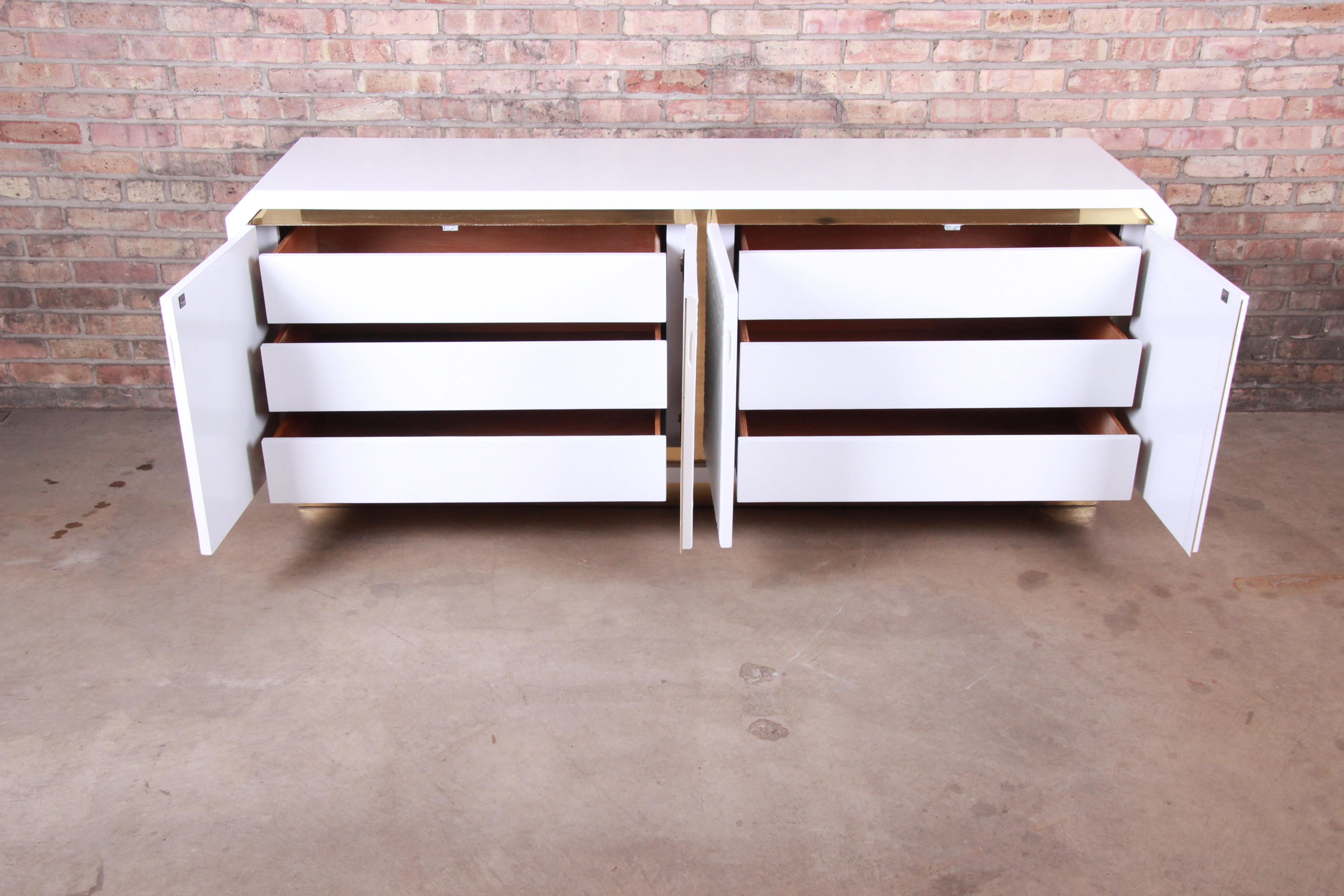 Hollywood Regency White Lacquered Bamboo and Brass Credenza, Newly Refinished 2
