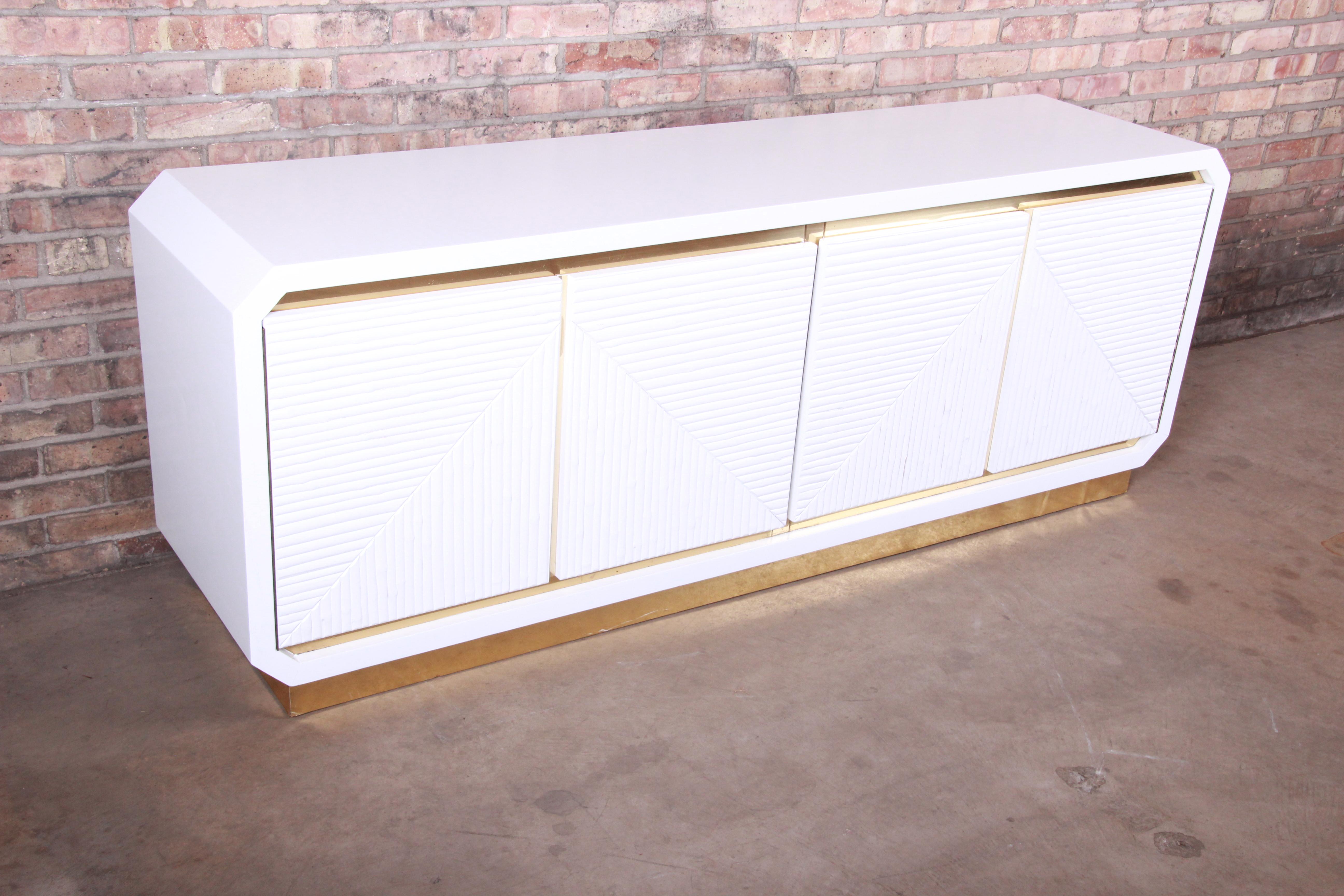 Mid-Century Modern Hollywood Regency White Lacquered Bamboo and Brass Credenza, Newly Refinished