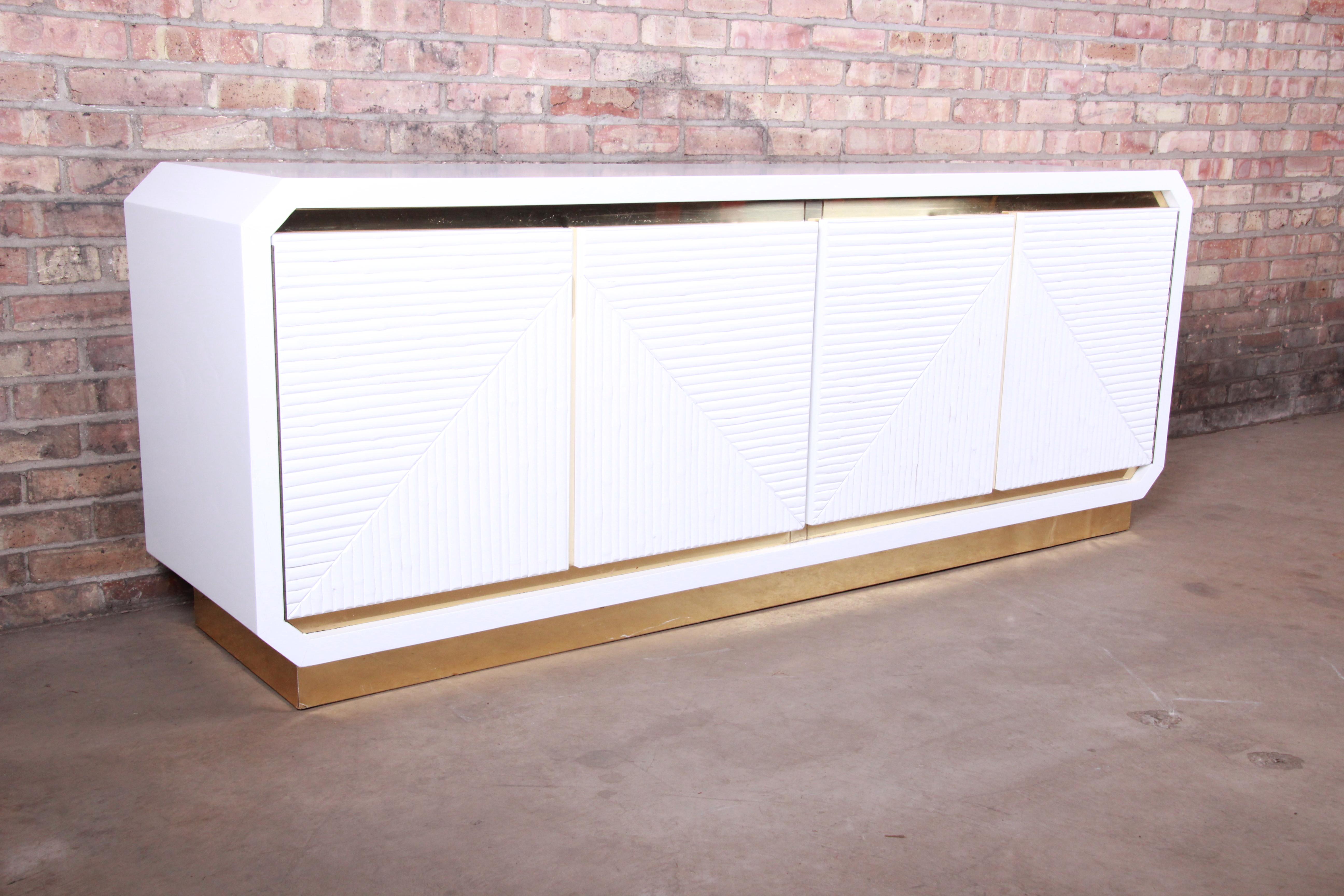American Hollywood Regency White Lacquered Bamboo and Brass Credenza, Newly Refinished