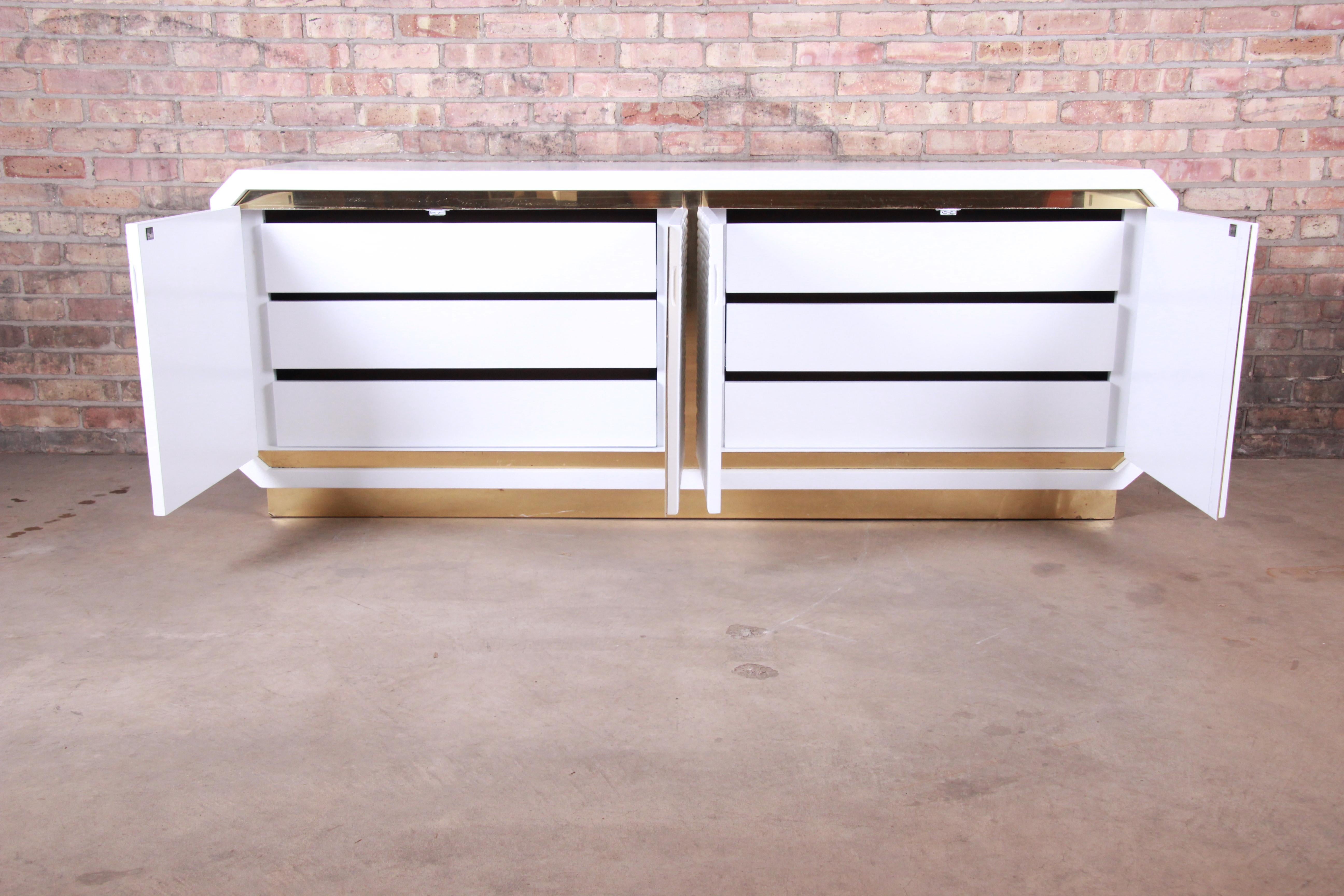 20th Century Hollywood Regency White Lacquered Bamboo and Brass Credenza, Newly Refinished