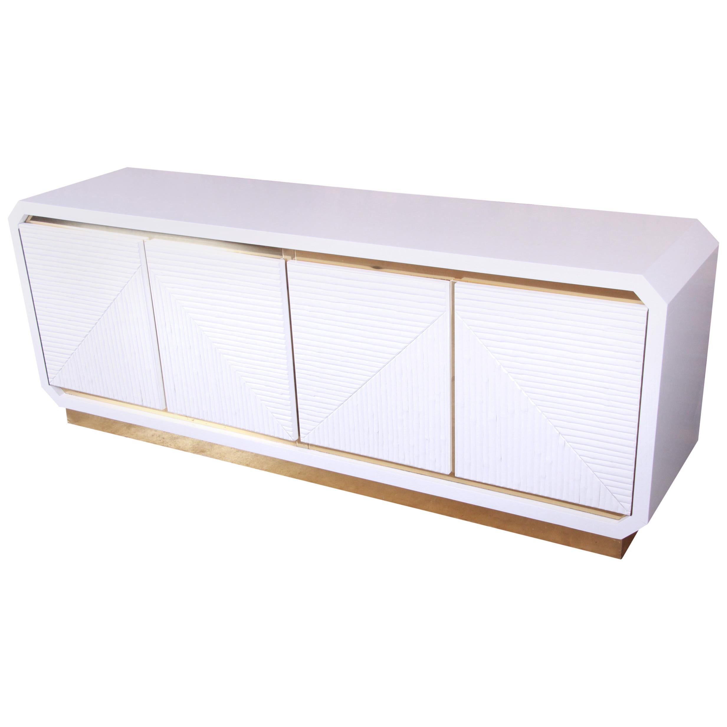 Hollywood Regency White Lacquered Bamboo and Brass Credenza, Newly Refinished