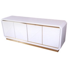 Hollywood Regency White Lacquered Bamboo and Brass Credenza, Newly Refinished