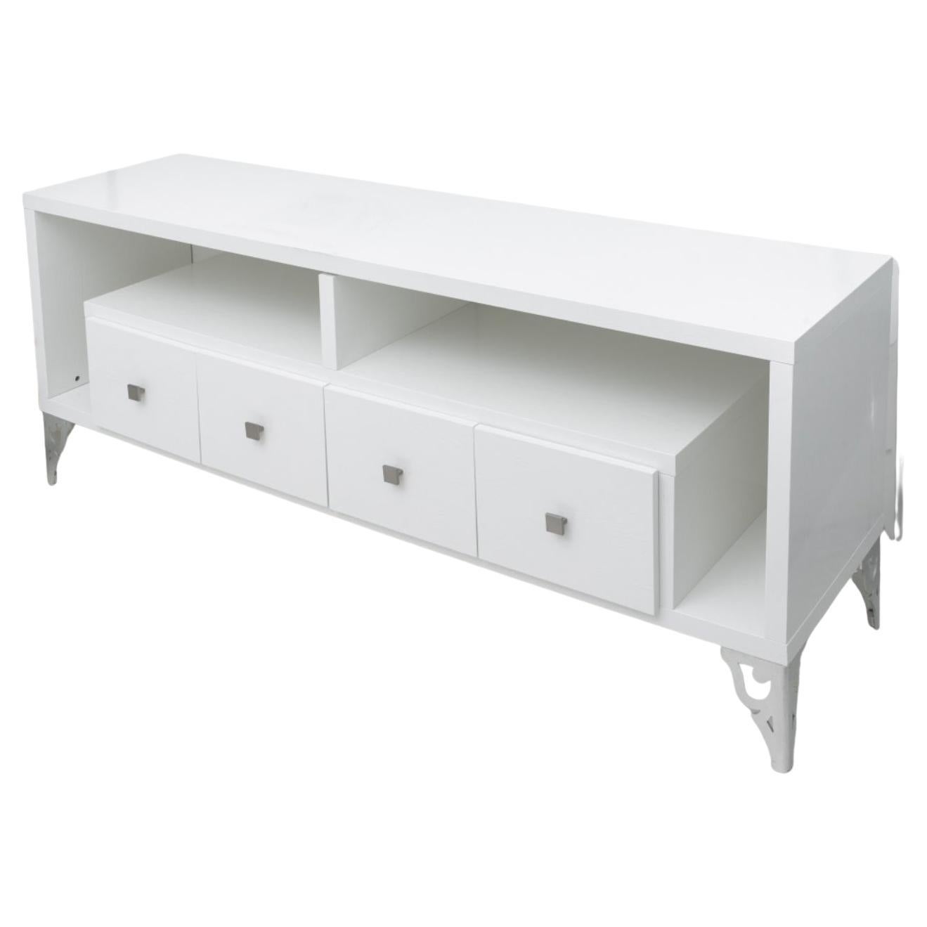Hollywood Regency White Lacquered TV Stand For Sale