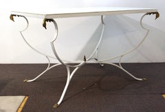 Hollywood Regency White Metal Table with Milk Glass Top and Duck Heads