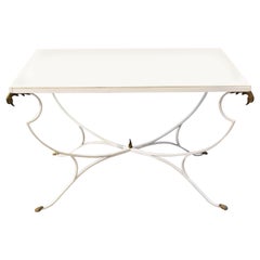 Hollywood Regency White Metal Table with Milk Glass Top and Duck Heads