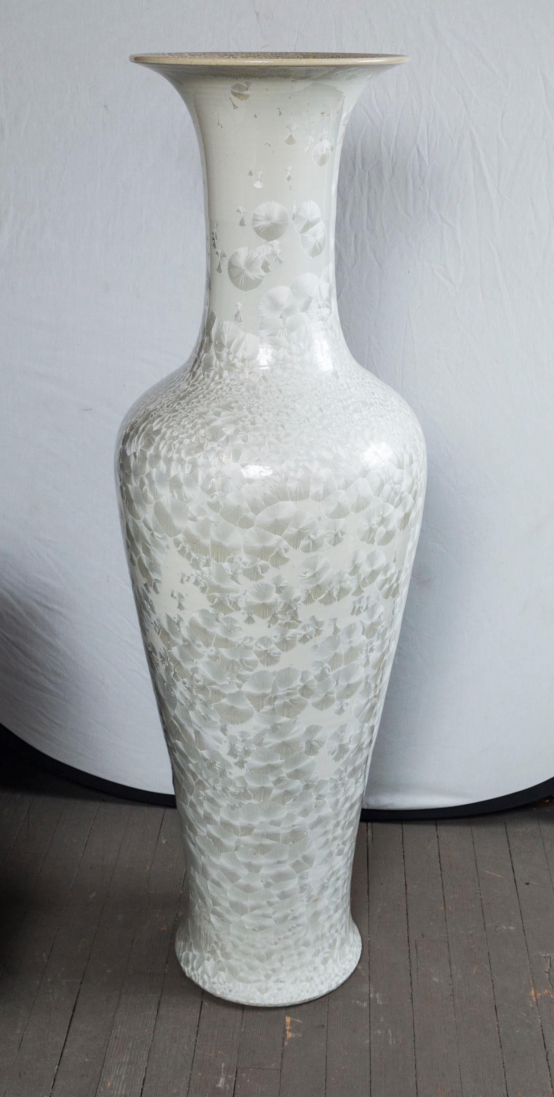 Glazed Hollywood Regency White on White Porcelain Floor Vase For Sale