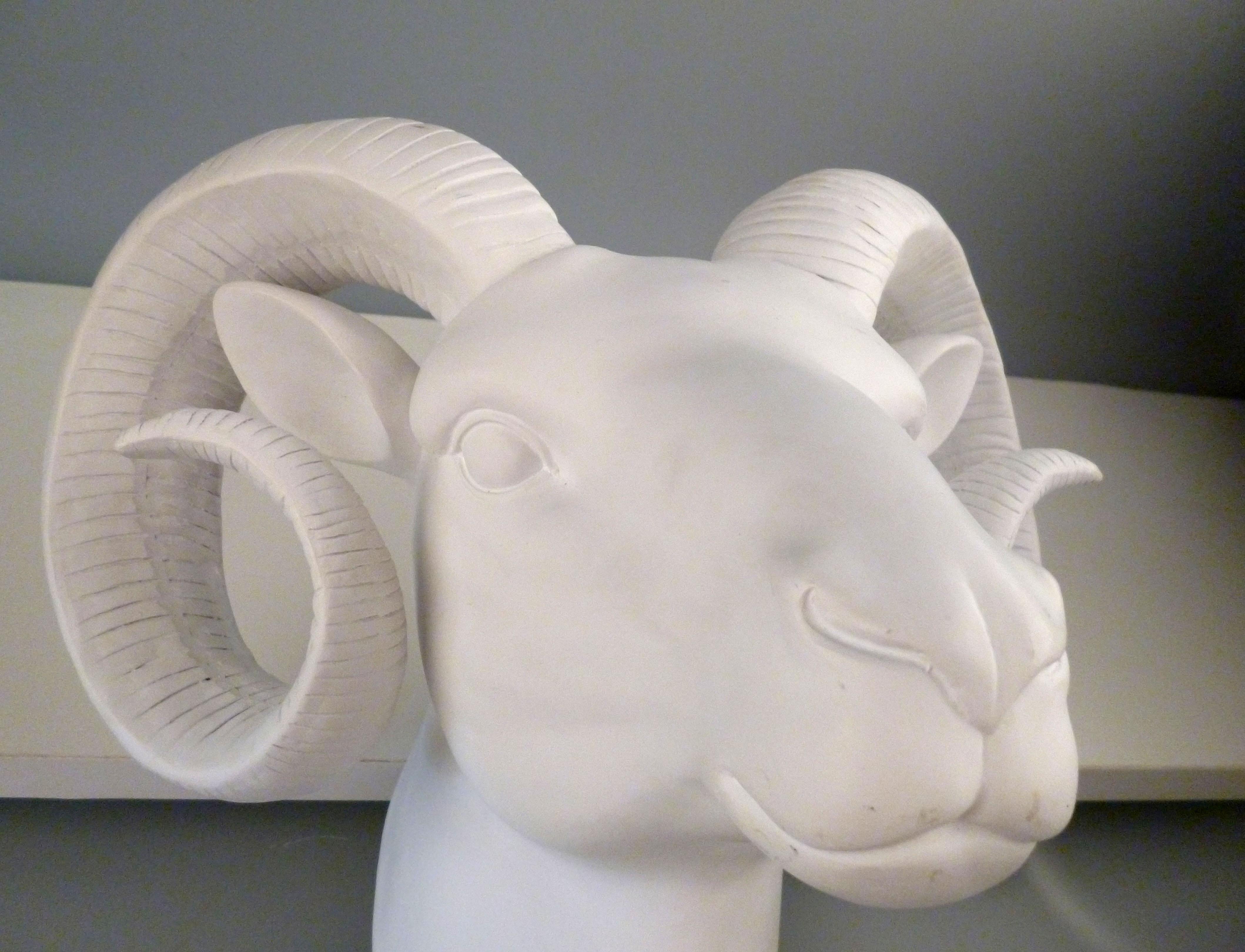 American Hollywood Regency White Plaster Ram's Head Sculpture, Wall Art