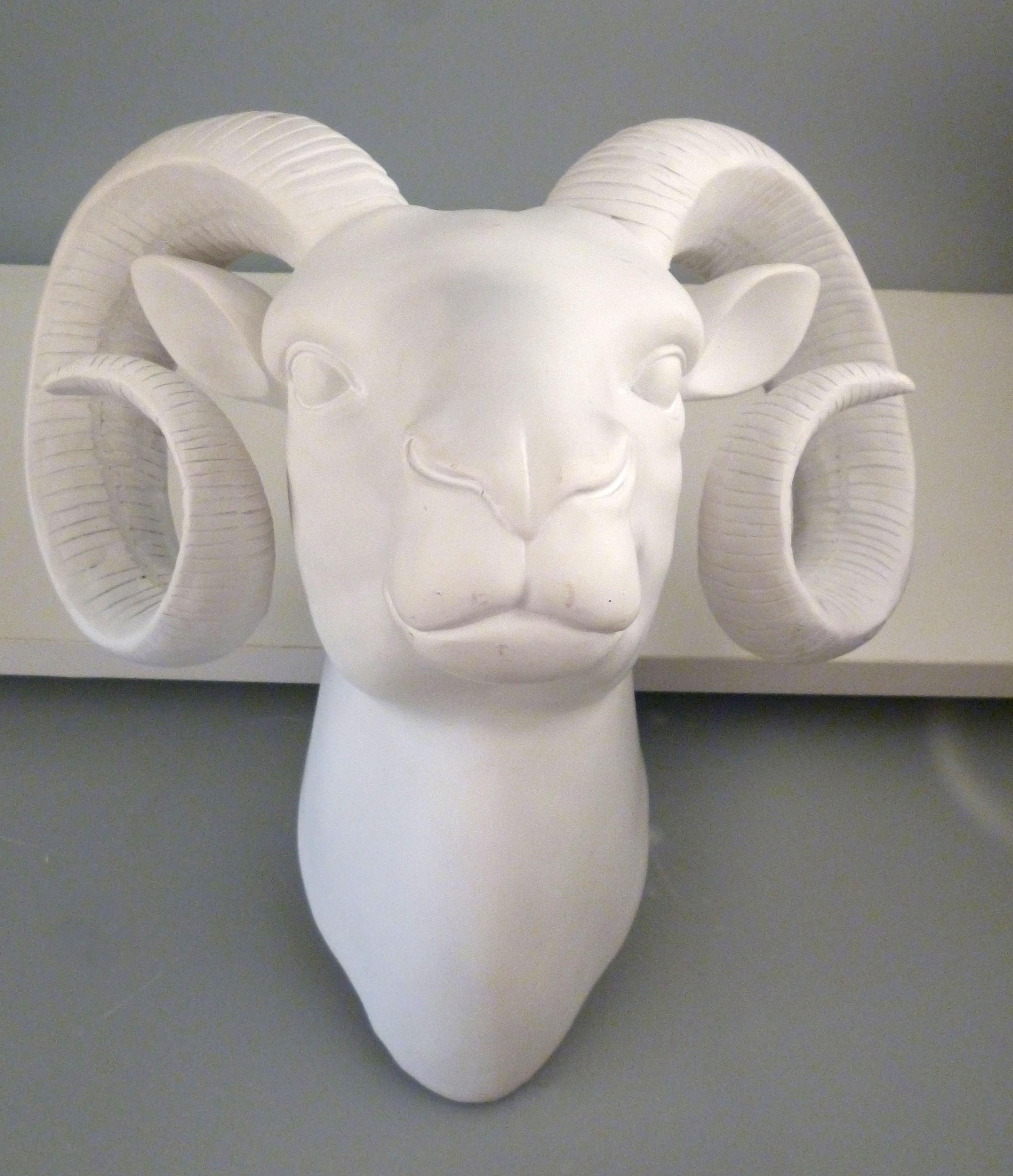 20th Century Hollywood Regency White Plaster Ram's Head Sculpture, Wall Art
