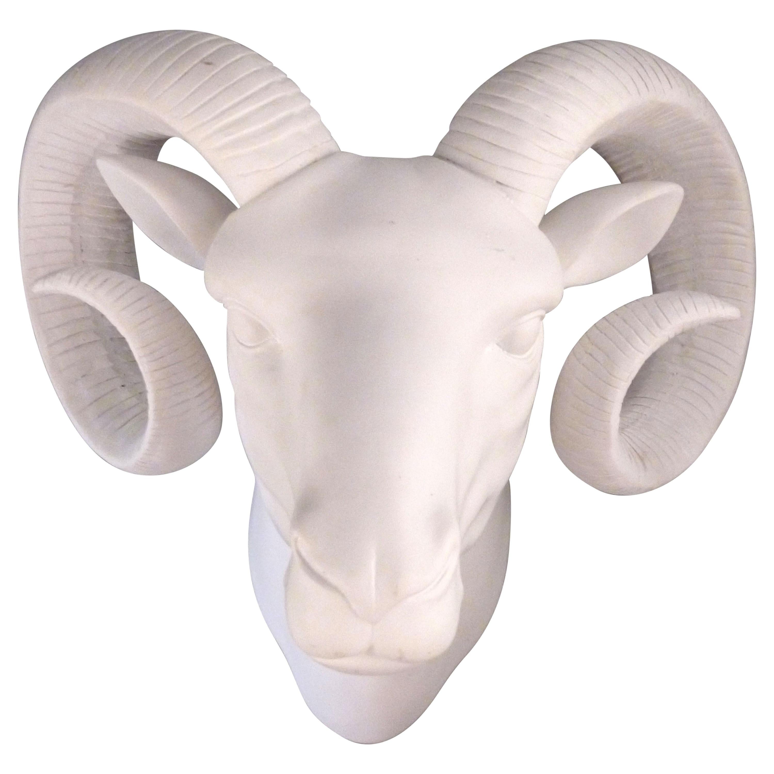 Hollywood Regency White Plaster Ram's Head Sculpture, Wall Art