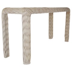 Hollywood Regency White Rattan Woven Console Table or Sofa Table, Midcentury