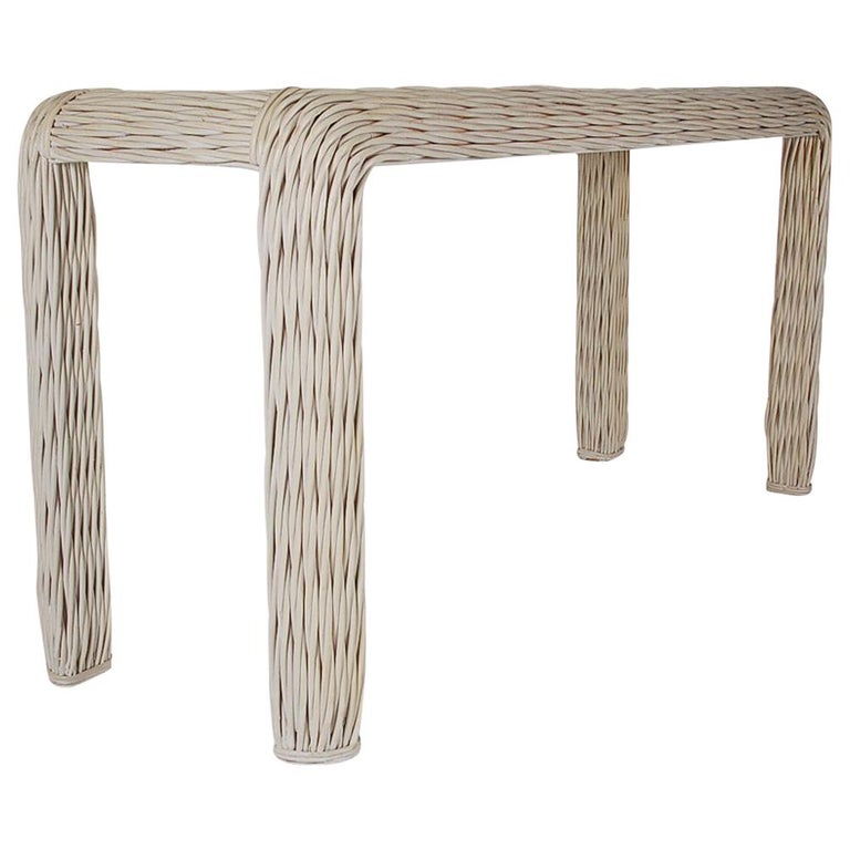 Hollywood Regency White Rattan Woven Console Table or Sofa Table