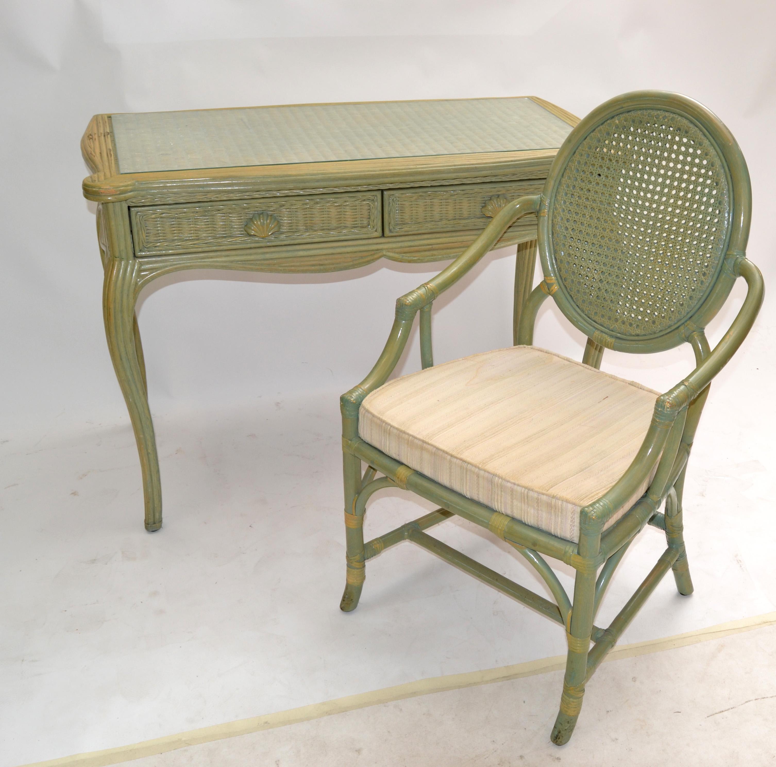 Hollywood Regency Whitecraft Desk, Vanity & Armchair Green Finish American, 1970 For Sale 6