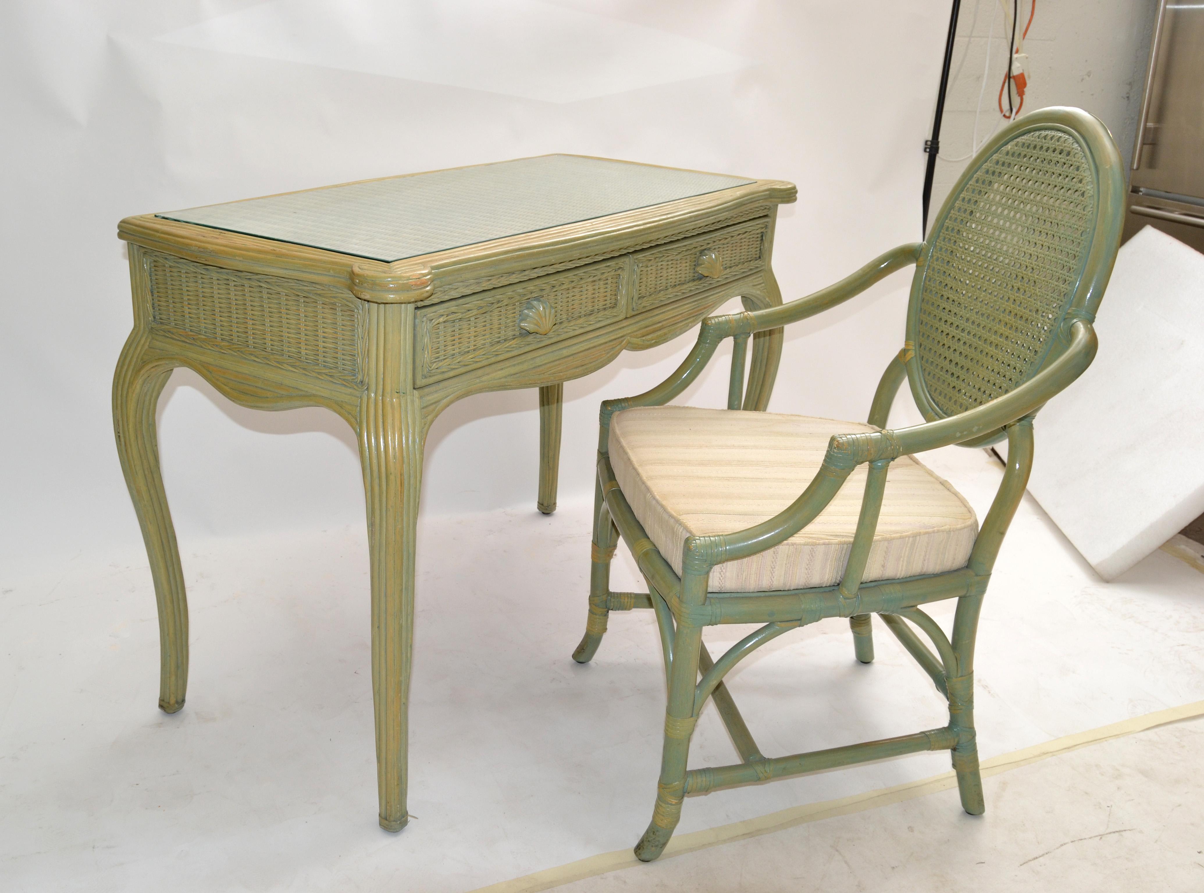 Hollywood Regency Whitecraft Desk, Vanity & Armchair Green Finish American, 1970 For Sale 14