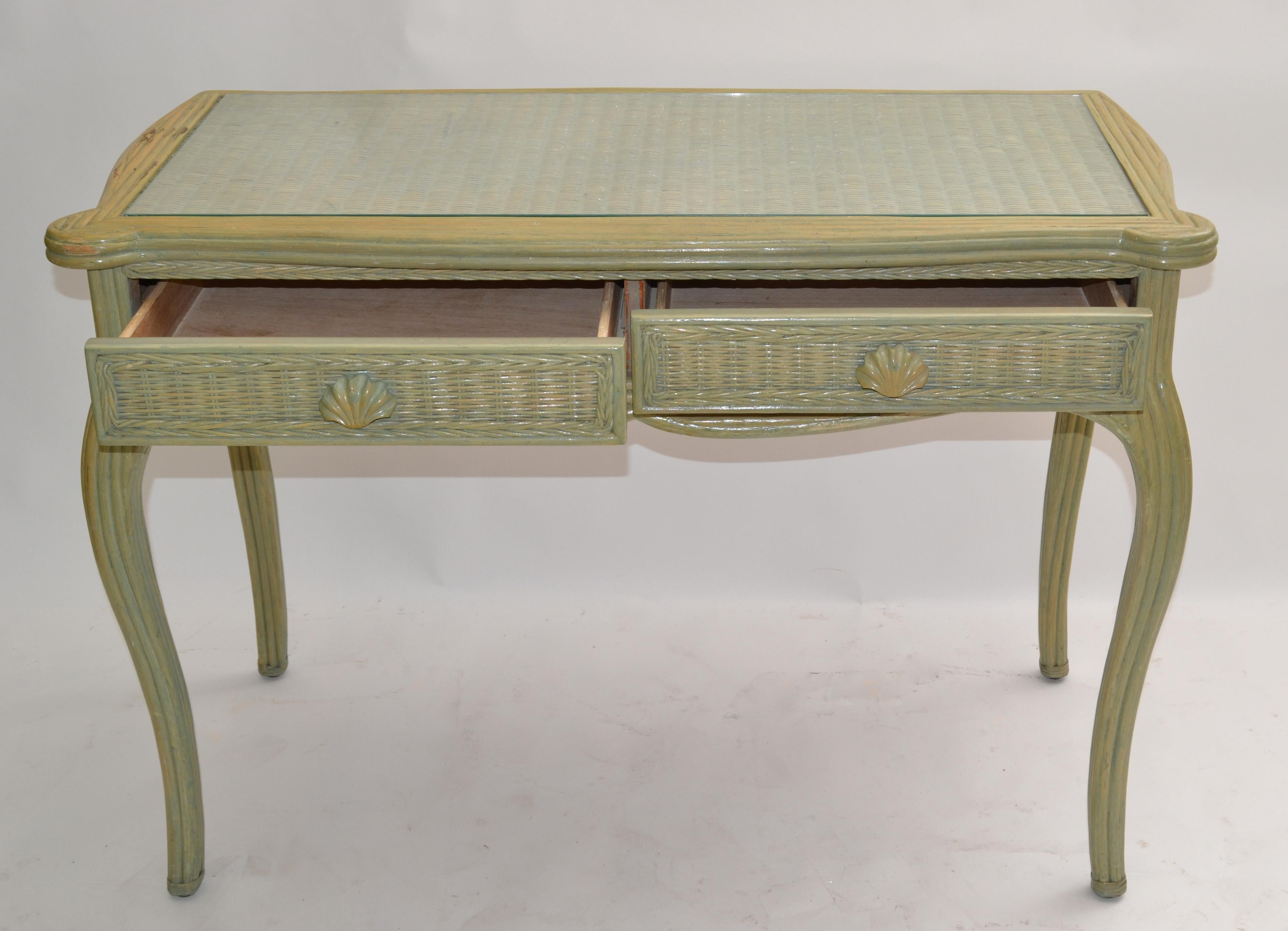 Hollywood Regency Whitecraft Desk, Vanity & Armchair Green Finish American, 1970 For Sale 1